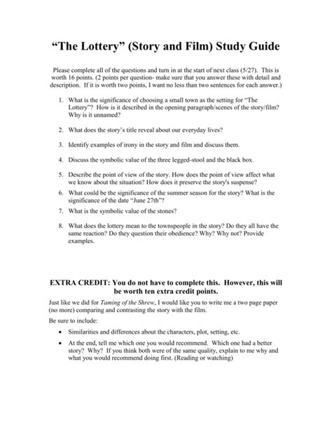 5 sentence summary of the lottery|The Lottery Study Guide .